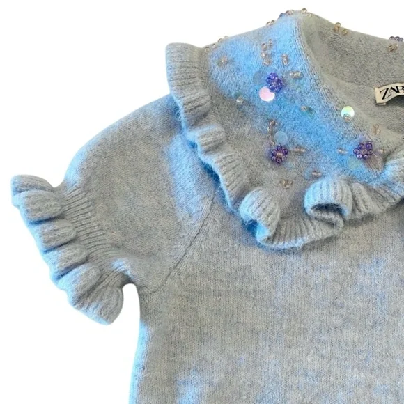 ZARA Peter Pan Beaded Collar Blue Cropped Knit Sweater Ruffle Trim Women’s Large - Picture 7 of 14